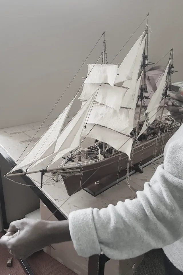 Handcrafted wooden ship model detail